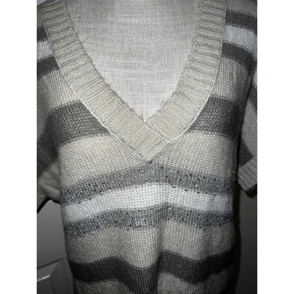 Striped Knit Short-Sleeve Tunic Sweater With V-Neck Beige Gray M&S Size M - Picture 4 of 5